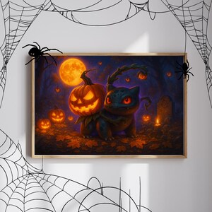 May include: A framed Halloween-themed artwork featuring a cartoon creature with a pumpkin head. The creature is dark blue with red eyes, standing in a forest with jack-o'-lanterns, a full moon, and a tombstone. The artwork is surrounded by decorative spiderwebs and spiders.