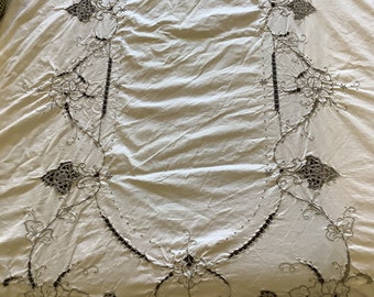 Vintage Cutwork Embroidered Tablecloth, cotton embroidered tablecloth, Linens, bedding