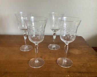 Vintage Etched Wine Glasses, bar ware, drinking glasses