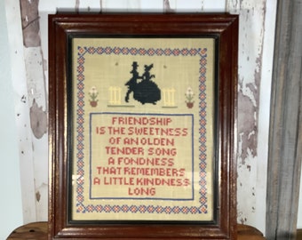 Vintage framed cross-stitch sampler, needlepoint, embroidery, wall hanging
