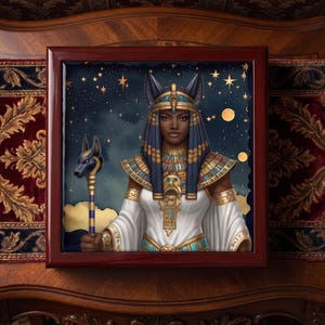 May include: A square framed wall art piece featuring a digital illustration of an Egyptian deity with dark skin, wearing a blue and gold striped headdress and collar, dressed in a white robe, and holding a staff topped with a jackal head figure.