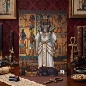 May include: A rectangular book cover featuring an illustration of an Egyptian deity in a white robe and blue headdress, holding a staff and an ankh. A black dog rests at the feet of the figure. The background displays hieroglyphics and figures.