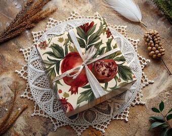 Pomegranate Botanical Gift Wrap Paper, Persephone's Fruit Floral Wrapping Sheets