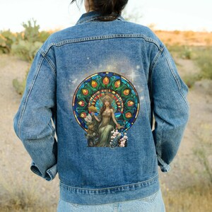 Goddess Hera Denim Jacket, Greek Mythology Gift, Women&#39;s Jean Jacket, Unique Artwork Clothing, Mythical Fashion Apparel