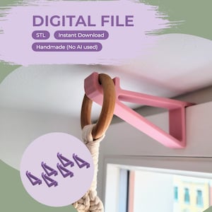 May include: A pink triangular wall bracket mounted to a frame, holding a smooth wooden ring attached to a macrame cord. Text on the image reads DIGITAL FILE, STL, Instant Download, and Handmade (No AI used). A small inset shows five purple brackets.