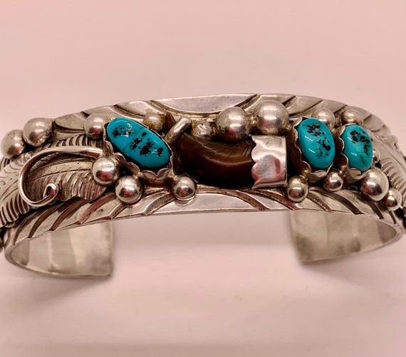 Signed Vintage Native American Navajo Turquoise Brownbear Sterling Silver Bracelet Signed Vintage Native American Navajo Turquoise Brownbear Sterling Silver Bracelet