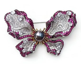 Butterfly Brooch Necklace, Tahitian Black Pearl, Moissanite, S925 Sterling Silver