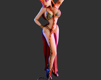 May include: A red and gold chain is wrapped around the waist and ankles of a cartoon figure wearing a gold and green bikini top and a red skirt. The figure has red hair and is posed with one hand on her hip and the other hand holding the chain.