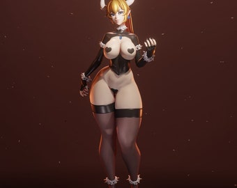 May include: A female character with yellow hair, horns, and a crown, wearing a black and white outfit with a heart-shaped design. She is standing on a brown background.