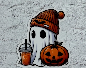 Pegatina, pegatina de fantasma de café, pegatina de amante del café, pegatina de Kindle, pegatina de teléfono, pegatina de portátil, pegatina de Halloween, pegatina de calabaza especiada