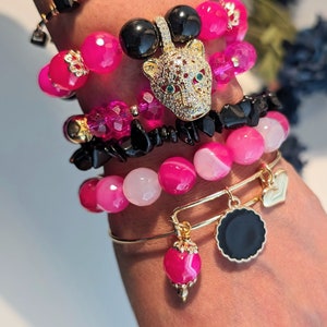 Hot Pink and Black Agate Bracelet Set