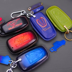All type Mustang Key Fob Covers – Handmade Leather Case for Dark Horse, GT, RTR, Mach-E, Mach-1  Shelby – Many Colors & Heat-Stamped Details