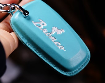 Custom Stamp Logo Bronco Key Fob Covers with Logo: 4 Button Case Keychain 2022-2024 Bronco Sport - Smart Remote Keyless Holder Accessories