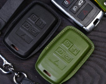 Funda de cuero para llave de coche Rover (modelos 2024-): compatible con Discovery, LR2, LR3, Evoque, Freelander, Vogue, Velar y Defender. 5 botones, cuero curtido vegetal.