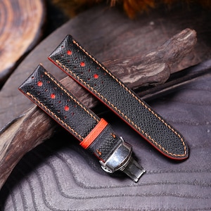Epsom Leather Watch Strap Black with Red Stitching Various Size 24mm 23mm 22mm 21mm 20mm 18mm 17mm 16mm 15mm 14mm Gift For Him