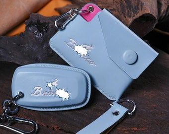 Leather Key Fob Cover 2022-2025 Bronco Sport Custom  Embossed Logo Bronco, Smart Keyless Holder with Slim Wallet Remote Holder Accessorie