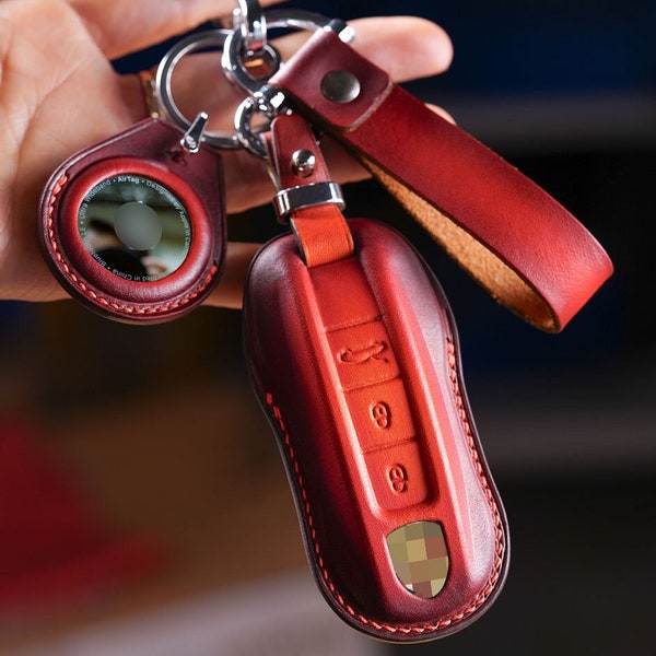 Leather Key Fob Cover for Porsches 911, Taycan, Cayenne, Macan Vegtand Case Keychain Custom Keyless Remote Holder Accessory birthday Gift