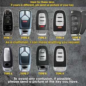 May include: A collection of nine different car key fobs, each with a unique design and button layout. The keys are black, silver, and gray, with various button configurations. Text at the top reads "Used for these keys." Additional text advises sending a picture of the key for clarity.