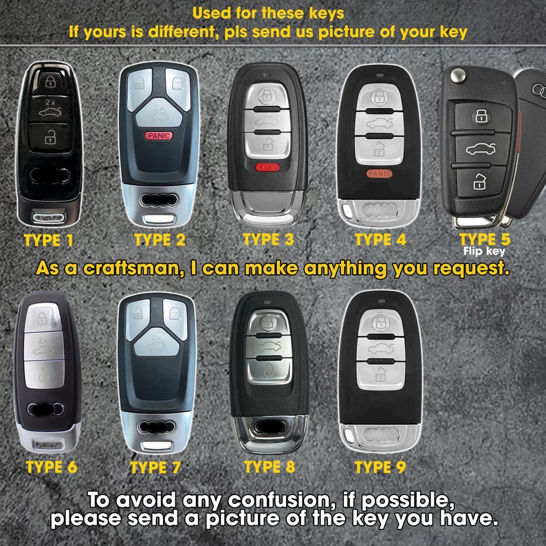 May include: A collection of nine different car key fobs, each with a unique design and button layout. The keys are black, silver, and gray, with various button configurations. Text at the top reads "Used for these keys." Additional text advises sending a picture of the key for clarity.