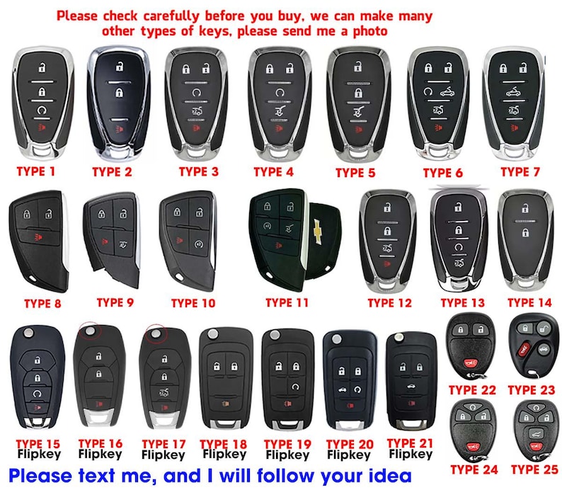 May include: A collection of 25 different car key fobs, each with a unique design. The keys are black and silver, with various button configurations. Text at the top reads "Please check carefully before you buy, we can make many other types of keys, please send me a photo."