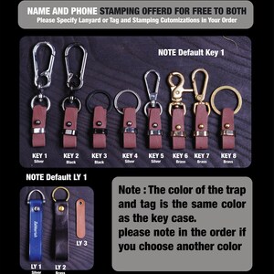 May include: A close-up of eight different keychains with various metal finishes, including silver and brass. The keychains are made of leather and have a loop for attaching keys. The text "NOTE Default Key 1" is at the top of the image. The text "KEY 1" through "KEY 8" is below the keychains. The text "Silver", "Black", and "Brass" is below the keychains.
