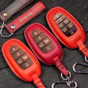 Leather Key Fob Cover for Palisade 4-8 Buttons, Sonata, NEXO, Santa Fe, Tucson, Ioniqp 5/6, Smart Remote, Parking Assist (2016-2023).