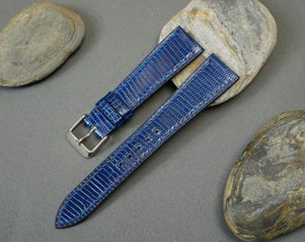 Lizard Navi blauwe leren horlogeband 26 mm,24 mm,22 mm,21 mm,20 mm,19 mm,18 mm,16 mm14 mm | Aangepaste hagedis lederen horlogeband | Alle maten beschikbaar