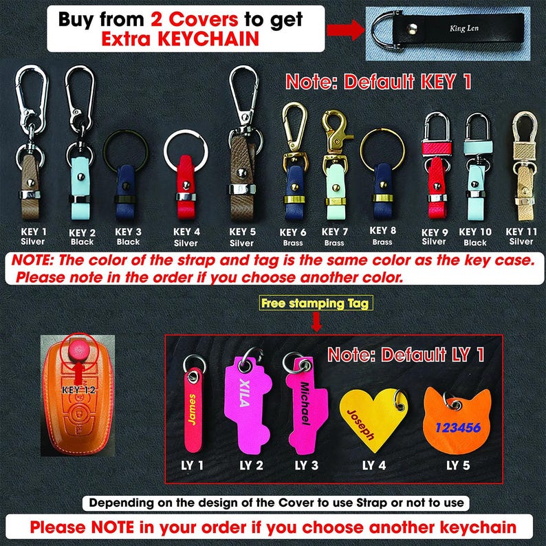 May include: A selection of keychains with different colored straps and tags. The keychains are labeled with numbers 1 through 11. The text "Note: Default KEY 1" is visible at the top of the image. The text "NOTE: The color of the strap and tag is the same color as the key case. Please note in the order if you choose another color." is visible below the keychains. The text "Free stamping Tag" is visible below the note. A selection of keychains with different colored straps and tags are labeled with numbers 1 through 5. The text "Note: Default LY 1" is visible at the top of the image. The text "Depending on the design of the Cover to use Strap or not to use Please NOTE in your order if you choose another keychain" is visible at the bottom of the image.