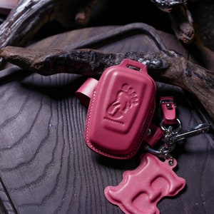 Leather Key Fob Cover Squatch Pink 4Runner TRD Pro with Initial /Off Road 2021-2023 RAV4, GT86 Keyless Remote Holder Keychain Clip Clasp