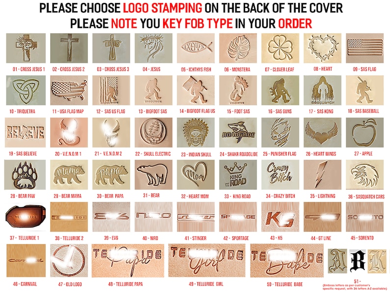 May include: A chart of 51 different logo designs for stamping on the back of a leather key fob. The logos include religious symbols, animals, and abstract designs. The chart is labeled with numbers and names for each logo.