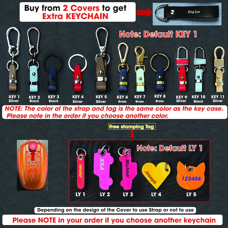 Puede incluir: Una selecci&oacute;n de llaveros con correas y etiquetas de diferentes colores. Los llaveros est&aacute;n etiquetados con n&uacute;meros y colores, como "KEY 1 Silver" y "KEY 2 Black". La imagen tambi&eacute;n muestra una nota que dice "Compra 2 cubiertas para obtener un llavero adicional".