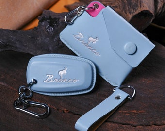 Leather Key Fob Cover 2022-2024 Bronco Sport Custom  Embossed Logo Bronco, Smart Keyless Holder with Slim Wallet Remote Holder Accessorie