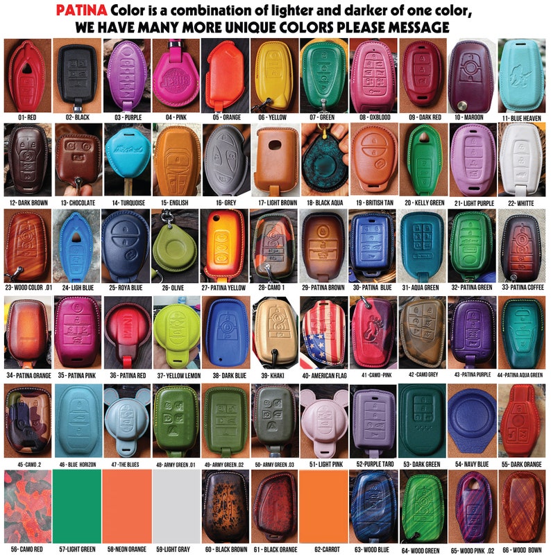 Puede incluir: Un gr&aacute;fico que muestra 66 opciones de color diferentes para fundas de llaves de cuero. Los colores van desde brillantes y llamativos hasta sutiles y apagados. El gr&aacute;fico est&aacute; etiquetado con el nombre y el n&uacute;mero del color. El texto "PATINA Color is a combination of lighter and darker of one color, WE HAVE MANY MORE UNIQUE COLORS PLEASE MESSAGE" est&aacute; en la parte superior del gr&aacute;fico.
