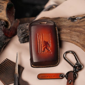 Key Fob Cover Premium Leather Protection Sasquatch Flag Emboss  3, 5, 6, Cx-3, Cx-4, Cx-5, CX-7, CX-8, CX-9, CX30 The Gift for Him or Her