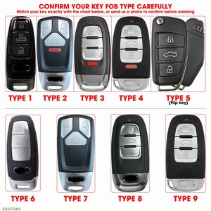 May include: A chart displaying nine different car key fob types. Each key fob is black and silver, with varying button configurations. Text at the top reads "CONFIRM YOUR KEY FOB TYPE CAREFULLY". Each key fob is labeled with a type number.