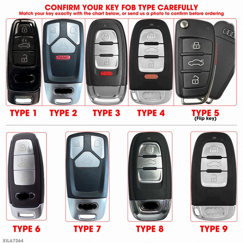 May include: A chart displaying nine different car key fob types. Each key fob is black and silver, with varying button configurations. Text at the top reads "CONFIRM YOUR KEY FOB TYPE CAREFULLY". Each key fob is labeled with a type number.