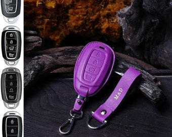 Personalized Leather Key Fob Cover Compatible with Hyundai Elantra Sonata Ioniq Santa Fe Santa Cruz Kona Tucson, Custom Logo & Stitching
