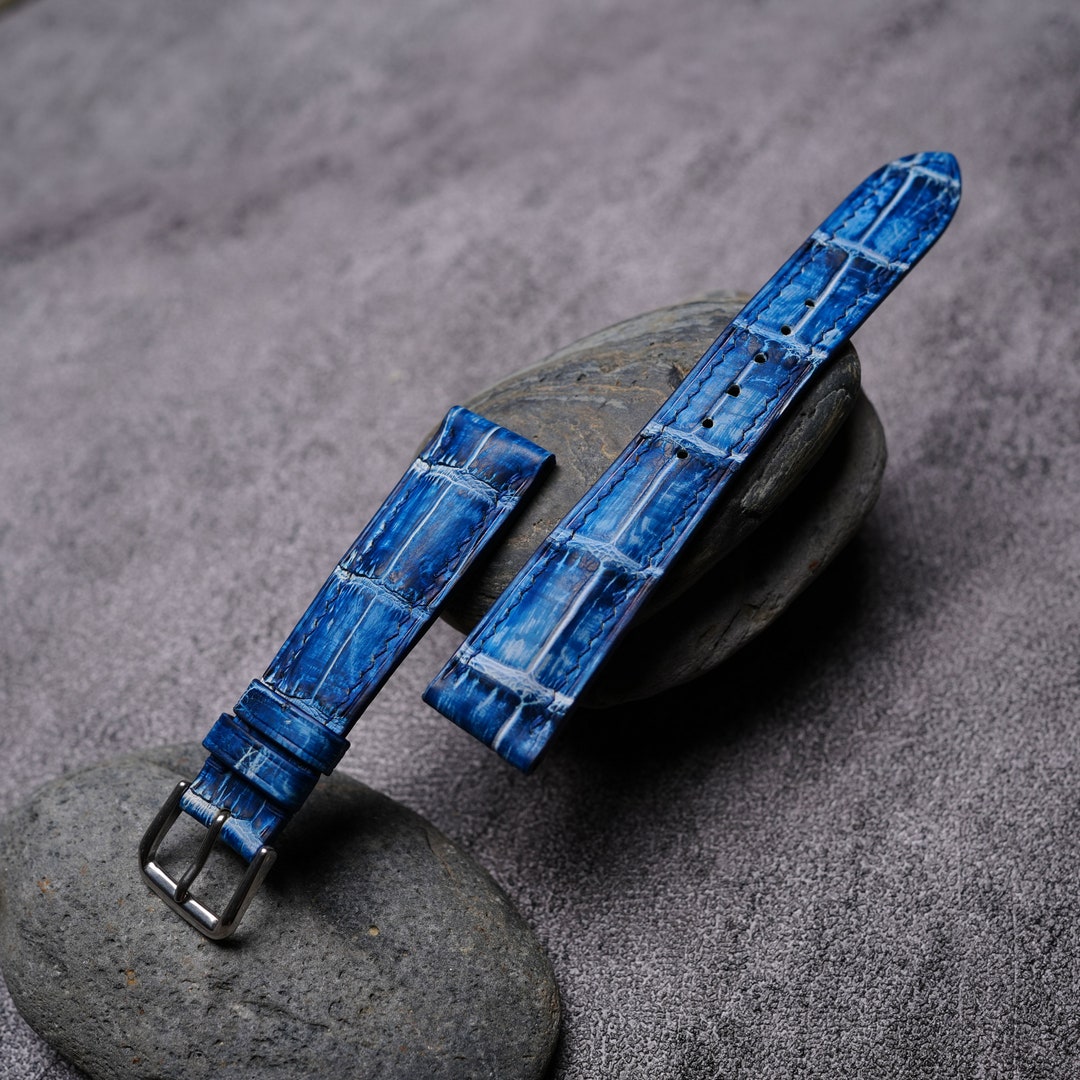 Curved End Patina Blue Alligator Leather Watch Strap Handmade