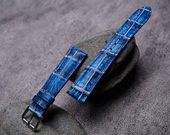 Handgemaakte blauw patina alligator horlogebandje lichtblauwe leren band 16-23 mm Alle maten luxe horlogeband Cadeau