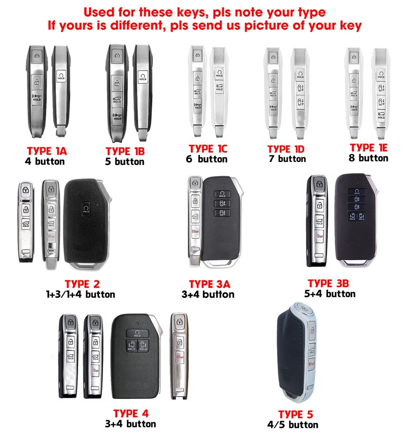 May include: Diagram showing different types of car keys with varying numbers of buttons. The keys are labeled with their type and number of buttons.  The text reads "Used for these keys, pls note your type. If yours is different, pls send us picture of your key."
