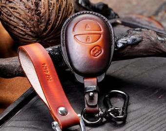 Leather Key Fob Cover Case for 2012 Toyota Tacoma, Tundra, Sequoia, Sienna, Highlander, Camry, Avalon, RAV4 Classic Keychain, Remote Holder