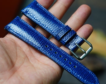 Lizard-horlogeband, donkerblauw, aangepaste horlogeband, maten 16 18 20 mm tot 26 mm, unieke hagedis-leren horlogeband voor vintage en moderne stijlen.
