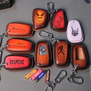 Bronco Sport Leather Key Fob Cover – Fits Heritage, Outer Banks, Badlands, Big Bend, Sasquatch | Mountain Stamp | Custom Colors Available