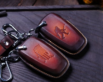 Funda de cuero para llavero compatible con F150, F250, F350, Lariat, Platinum, Tremor, Maverick, Ranger, Shelby y Sasquatch. Estuche personalizado para llaves.
