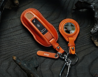 Funda de cuero personalizada para llavero – Compatible con llaves inteligentes de modelos 2006-2025: Macan EV, Cayenne, Panamera, Taycan, Cayman, 911 – Soporte para AirTag