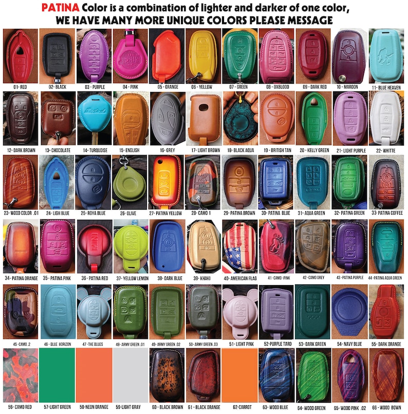 May include: A variety of car key fob covers in various colors, including red, black, purple, pink, orange, yellow, and green. The image displays a wide selection of key fob cases with different designs and shades, with text indicating the availability of more colors.