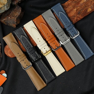 Epsom Tan Brown, Chocolate, Gray, White, Navy, Orange Leather Watch Strap, Various Colors, 24mm 22mm 21mm 20mm 19mm 18mm 16mm 14mm 12mm.