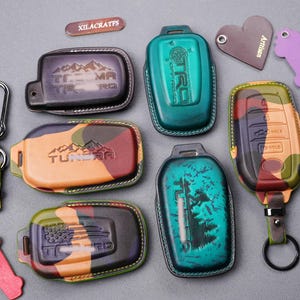 Toyota Tundra TRD 2021-2024 Pro Leather Key Fob Cover Case Custom Stamp Tundra Truck Sienna Land Cruiser Hybrid Smart Remote Holder Keychain