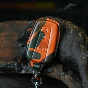 May include: A brown leather key fob with a camouflage pattern and a metal key ring. The fob has three buttons labeled "Hold" and "Unlock".