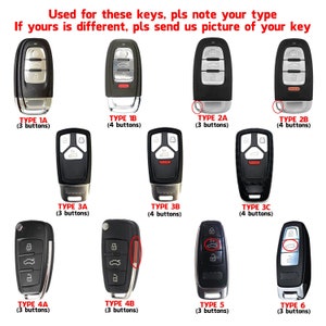 May include: A collection of ten different car key fobs, each with a different button configuration. The keys are labelled with their type and number of buttons. The keys are all black with silver accents.